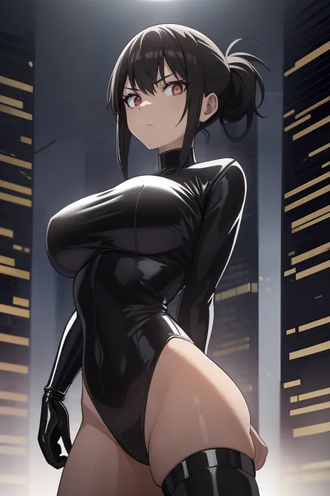 1girl, black leotard, bare legs, low ponytail, latex, large breasts, solo, detailed face, looking at viewer, cowboy shot, upper body, city, cyberpunk, mechanical, night, dark, light rays, (masterpiece:1.2, best quality)