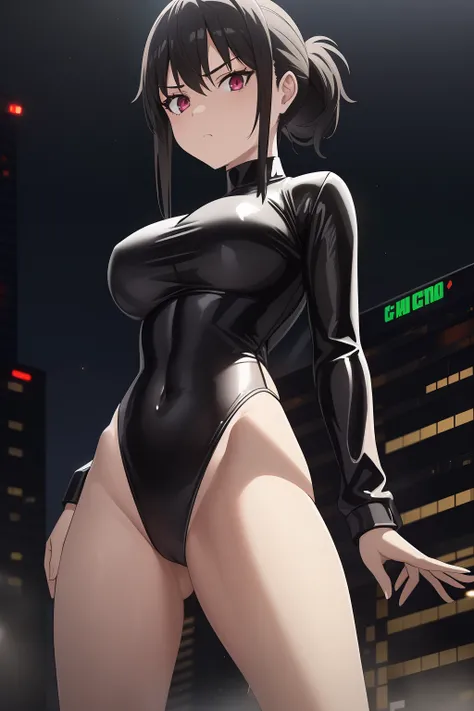 1girl, black leotard, bare legs, low ponytail, latex, large breasts, solo, detailed face, looking at viewer, cowboy shot, city, cyberpunk, mechanical, night, dark, light rays, (masterpiece:1.2, best quality), spinning like a cyclone