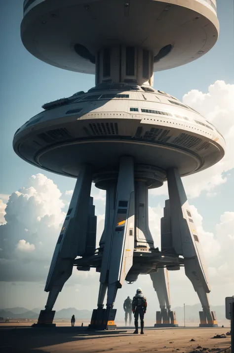 Massive spaceship standing on the ground. Futuristic and and very realistic. High quality.