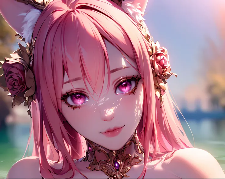 (Masterpiece, Best Quality, extremely detailed CGI, beautiful detail eyes, Ultra-detailed, intricate details:1.2), 8k wallpaper, rose hair,fox pink ears, pink eyes, Photorealistic,  (((1girl))),  water, Sunlight,  1girl