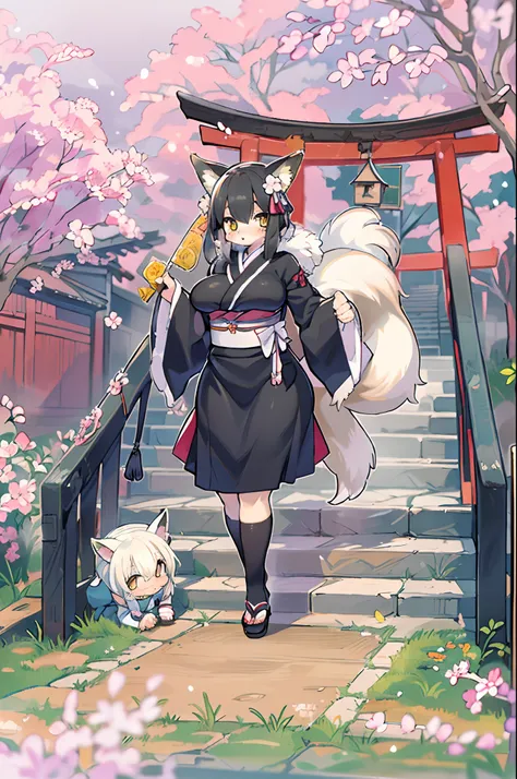 ((masutepiece,Best Quality)),2girls, Black kimono, Black legwear, a black ribbon, Black hair, cherryblossom, day, flower, Hair bun, Hair Ribbon, Komono, Kimono, Long hair, Looking at Viewer, Looking back , Multiple girls, Outdoors, bow ribbon, Sandals, sin...