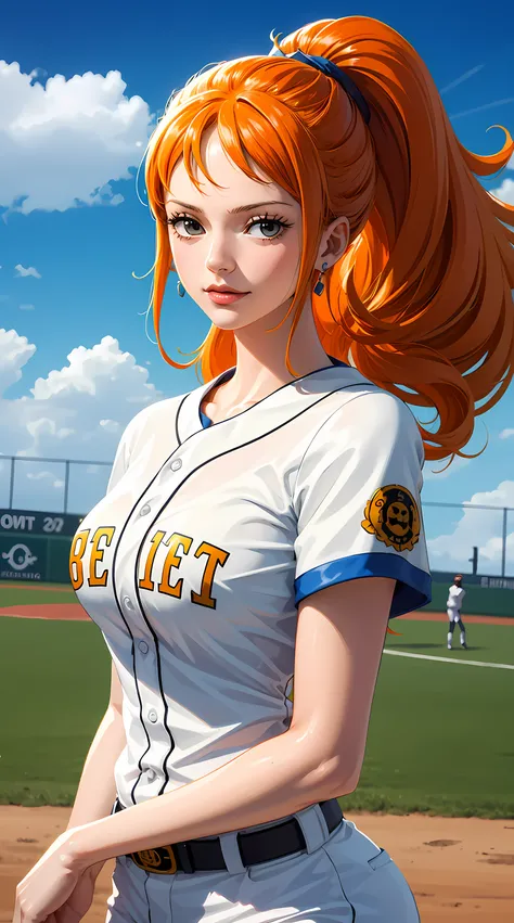 NamiFinal, Nami from the anime One Piece, long hair, orange hair, bangs, ponytail, beautiful, beautiful woman, perfect body, perfect breasts, wearing a white baseball outfit, wearing a baseball cap, on the baseball field, holding a baseball, looking at vie...