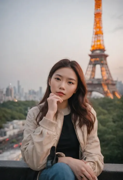 travellers, in the style of rap aesthetics, girl，Tokyo, Japan，make for a memorable photo. The background is to the iconic Tokyo Tower，photo taken with fujifilm superia, charly amani, oversized portraits, babycore, upper body