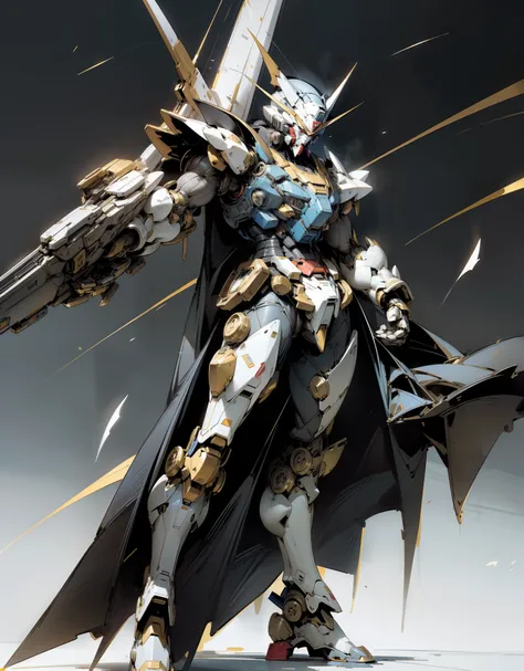 Heavy duty Gundam of batman, ((full body)) batman element, gundam shape style, bulky, mechanical, muscular, blue and gold color, samurai armor, stylish armor design