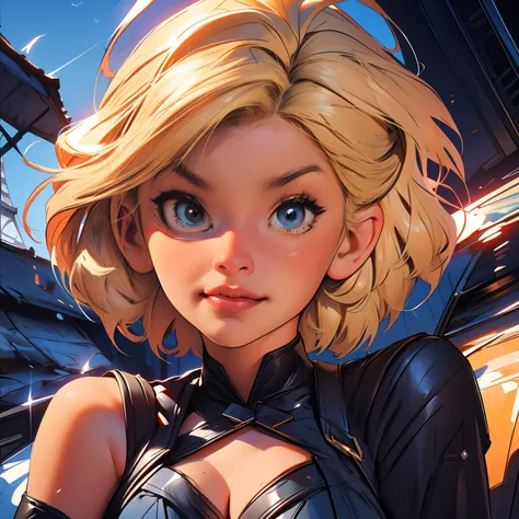 masterpiece, close up, digital paint, (cute girl, 20 years old, blond short hair, ), at the top of eiffel tower in paris by jim ...