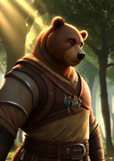 solo ((a male brown bear)) with ((adventurer features)) and ((light brown eyes)) and (bulky features), ((half-length portrait)), ((wear fantasy medieval clothes)), BREAK (detailed background, depth of field, half body shadow, sunlight), (intricate:0.7), (h...