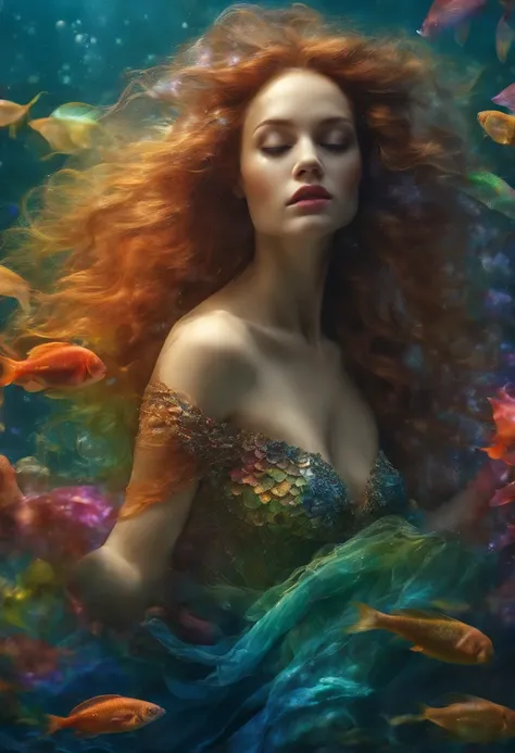 Rainbow mermaid,fantastical creature (mermaid:1.1),underwater scenery,Deep in the ocean,Beautiful detailed eyes,cute,beautiful detailed lips,Sparkling scales,Flowing colorful hair,Fine fish tail,Magical underwater lighting,calm and serene atmosphere,Peacef...