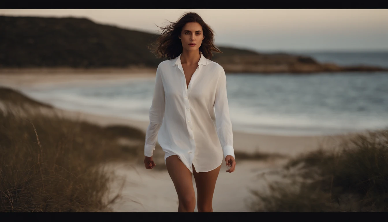 sea side,Girl taking a walk,（((White button up long shirt))）、Film Portrait Photography、One girl、bare shoulders​、bob cut  hair,Calm、full body Esbian、(Realistic detailed eyes、natural skin textures、Realistic face details)、Soft dramatic lighting、depth of field...