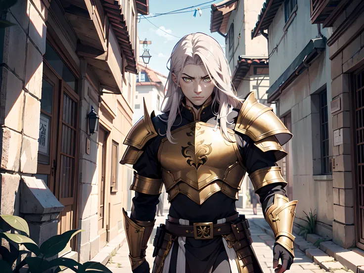 1 boy, Xin from Kingdom anime, armored with warlord armor with a cape, ultra high definition, 8k, handsome,black and yellow pupil eyes, long white hair, ancient kingdom background