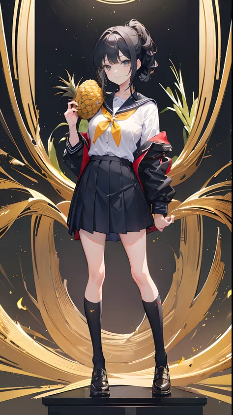 (((full bodyesbian))),((Solo)),(School uniform with gold rim on black background),JK,Girls high school students，Black hair，Pineapple hairstyle，Black colored eyes，stand posture，ssmile，proud expression