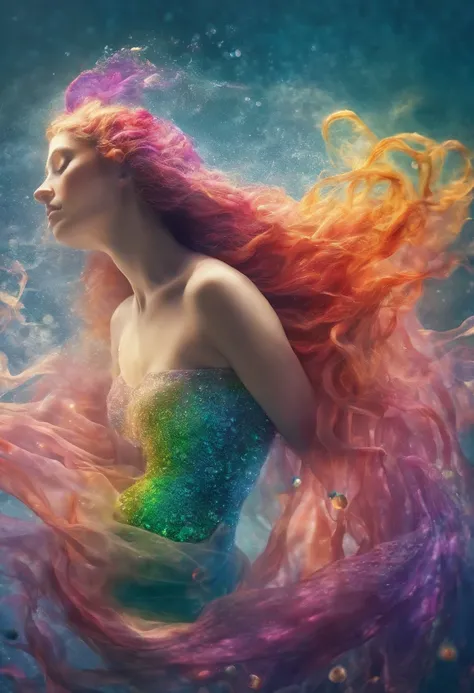 Rainbow mermaid,fantastical creature (mermaid:1.1),underwater scenery,Deep in the ocean,Beautiful detailed eyes,cute face,beautiful detailed lips,Sparkling scales,Flowing colorful hair,Fine fish tail,Magical underwater lighting,calm and serene atmosphere,P...