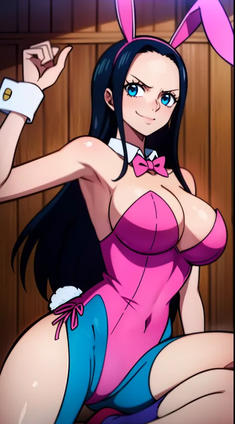 Nico Robin One Piece, 8k, Perfect quality eyes blue eyes Nico Robin, 1girl, aqua eyes, Black hair,  huge breasts smile bunny girl bunnysuit translucent bunnysuit, see-through, (((pink playboy bunny))), pink pantyhose, pink leotard, rabbit ears, red bowtie,...