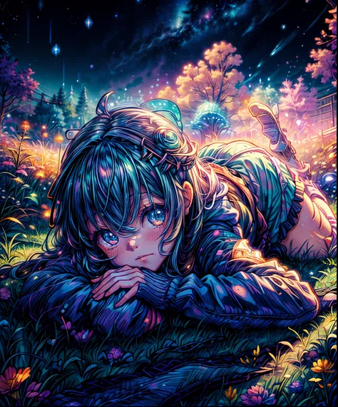 Describe a scene where a cute girl character is lying on a grassy hill, Looking up at the starry sky. Surround her with colorful nebulae and her favorite constellations.