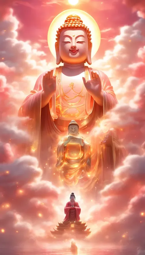 ((Masterpiece))，(Best quality))，China-style，In the sky, The clouds form a huge transparent glowing white jade Maitreya Buddha statue，Thick clouds，The sun shines，Pilgrims on the road，Hyper-realistic，Ultra photo realsisim，Pink，8K，High definition，high qulity，...