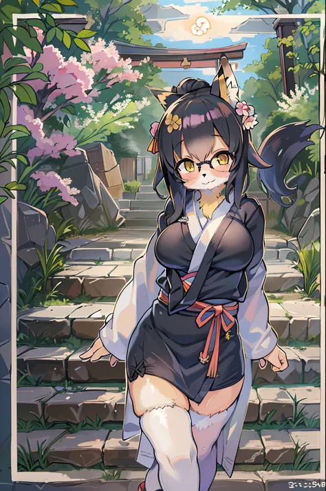 ((masutepiece,Best Quality)),2girls, Black kimono, Black legwear, a black ribbon, Black hair, cherryblossom, day, flower, Hair bun, Hair Ribbon, Komono, Kimono, Long hair, Looking at Viewer, Looking back , Multiple girls, Outdoors, bow ribbon, Sandals, sin...