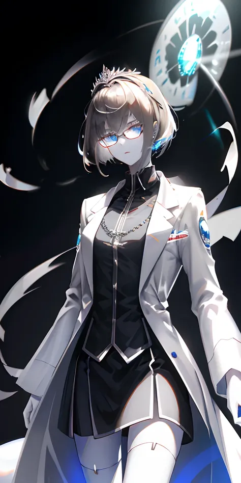 ((masterpiece)),((best/high quailty)),((extreme details))，((high resolution)),8k,64k, (((male))), ((lab_coat)), ((silver diadem)), black background with wind sketch, short haircut, ((glowing white skin)), (((transparent skin))), silver ring by Quanon, brow...