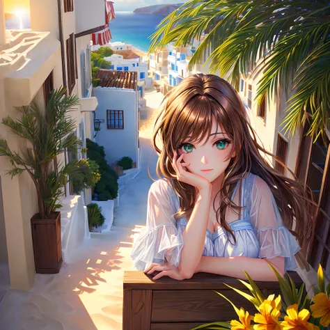 Woman in Greece portrait anime green eyes Nikon camera sunset hour realistic photography Beach House at Greek island animation realistic brown hair