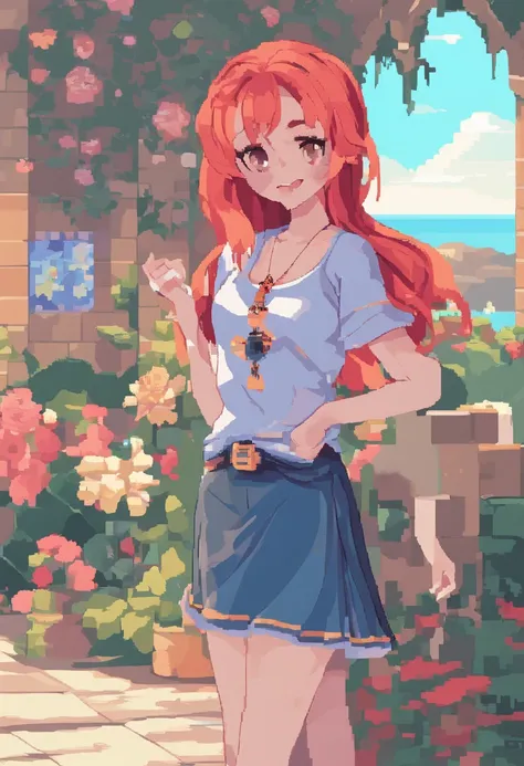 (masutepiece, Best Quality), 1girl in, 鎖骨, Wavy Hair, Looking at Viewer, Blurred foreground, Upper body, Necklace, Contemporary, Plain pants, ((Convoluted, print, Pattern)), Ponytail, hitornfreckles, Red hair, Dappled sunlight, Smile, Happy,