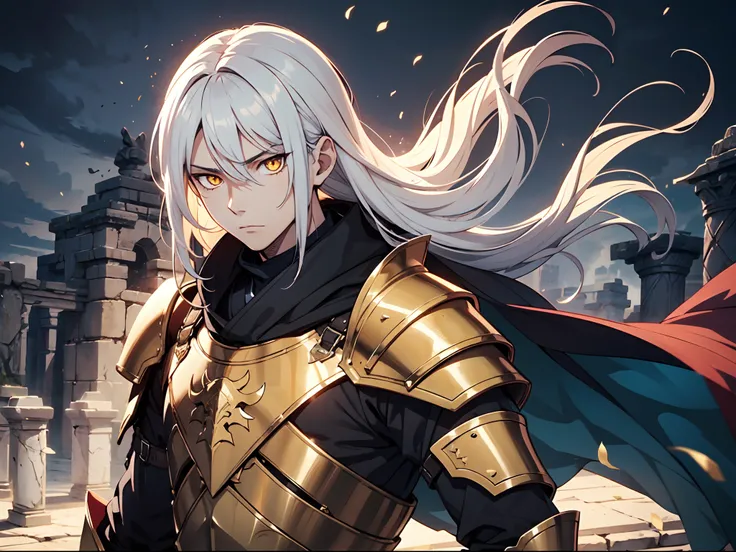 1 boy, Xin from Kingdom anime, armored with warlord armor with a cape, ultra high definition, 8k, handsome,black and yellow pupil eyes, long white hair, ancient kingdom background