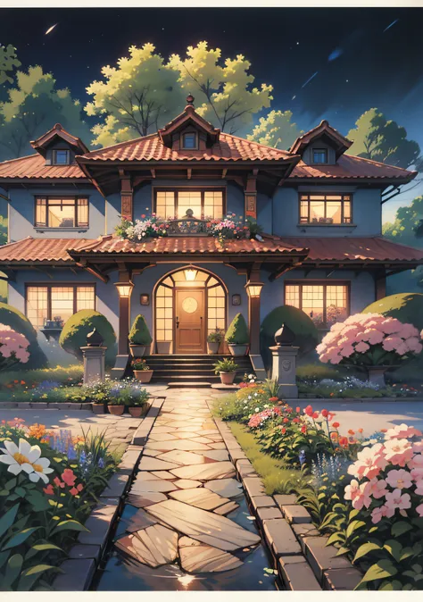 /draw [Retro anime art style:1.5], Old anime, 1980s (Style), 1990s (Style), aquarelle (mediating), 1 modern luxury villa,Clean style，Villa at night, Strong city walls, Secure address, Top villa,surrounded by flowers and trees，(ultra - detailed:1.5), [Detai...