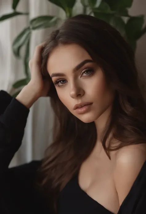 arafed woman with black clothes, sexy girl with brown eyes, portrait sophie mudd, brown hair and large eyes, selfie of a young woman, bedroom eyes, violet myers, without makeup, natural makeup, looking directly at the camera, face with artgram, subtle make...