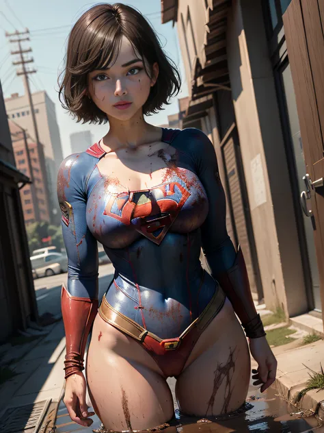 ​masterpiece、Short-haired Supergirl fell into the sewage、large full breasts、Looking at the camera、Glossy costume、Crotch、Mud stains、Covered in mud、wounded