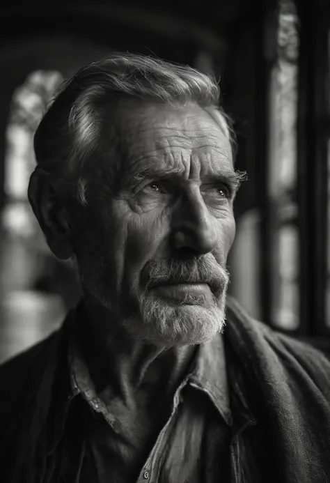 Weathered, a old man, Deep folds, Durable, weather-beaten, Aging appearance, Rough jawline, bushy beard, stubbles, Loneliness was engraved on his face, pensive expression, Strong gaze, A clear sign of a good life, Intricate web of scars and blemishes, Comp...