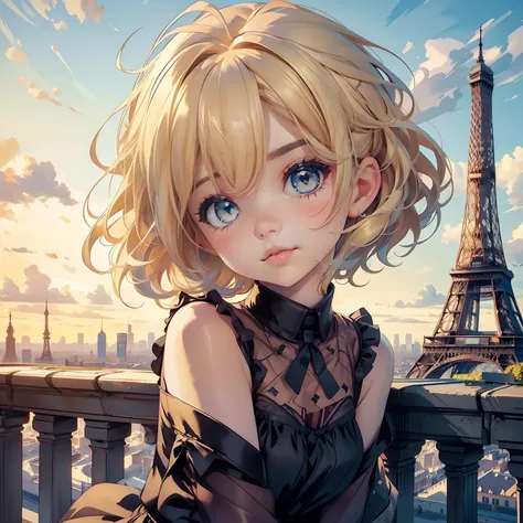 4K, high resolution, Best quality, Masterpiece, perfect colors, perfectly shaded, Perfect lighting, posted on e621, (by Chunie), masterpiece, digital paint, (Cute little girl, 10 years old, blond short hair ), at the top of eiffel tower in paris by Jim Lee...