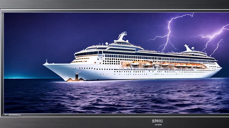 A huge cruise ship is sailing alone in the waters, blue waters, black sky, there are purple lightnings in the sky, high detail of the face, 8k --auto --s2