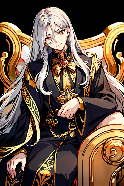 masterpiece, best quality, high quality, 1man, adult, solo, male focus, upper body, chest window, wavy long silver hair, golden and black robe, gentle eyes, smiling expression, golden eyes, black boots, hair ornaments, golden satin waistband, sitting, crea...