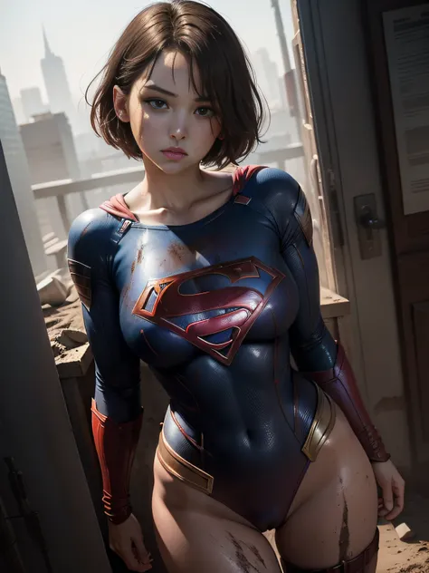 ​masterpiece、Short-haired Supergirl fell into a quagmire、large full breasts、Looking at the camera、Glossy costume、Crotch、Mud stains、Covered in mud、wounded