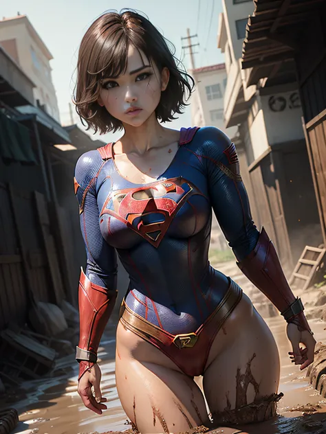 ​masterpiece、Short-haired Supergirl fell into a quagmire、large full breasts、Looking at the camera、Glossy costume、Crotch、Mud stains、Covered in mud、wounded