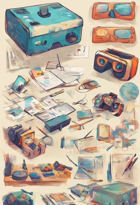 pupils，VR glasses，In class，equipment，cameras，Pigment box，There are design drawings on the table，UAVs，cartoon image，plethora of colors，Be positive