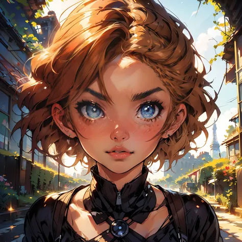 masterpiece, close up, digital paint, (Cute girl, 20 years old, blond short hair, ((eyes manga style))), at the top of eiffel tower in paris by Jim Lee. 1990s (style),