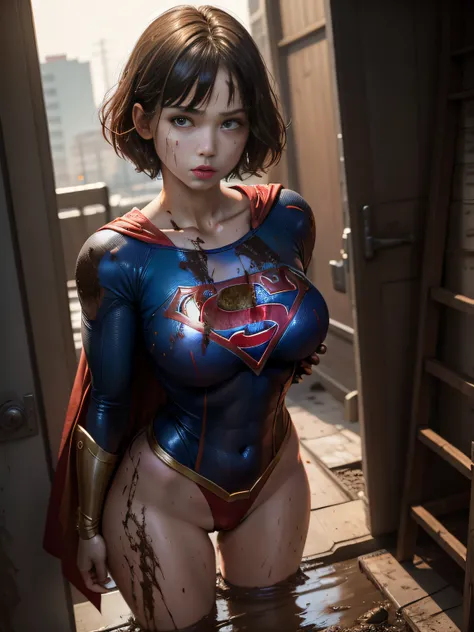 ​masterpiece、Short-haired Supergirl fell into the sewage、large full breasts、Looking at the camera、Glossy costume、Crotch、Mud stains、Covered in mud、wounded