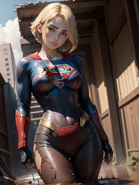 ​masterpiece、Short-haired Supergirl fell into a quagmire、large full breasts、Looking at the camera、Glossy costume、Crotch、Mud stains、Covered in mud、wounded