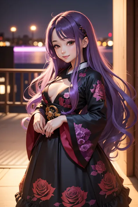 Cute One Girl, (Very small breasts:1.2), Longhaire, Gradient Hair Purple, the whole, japanes, Sauvage Hair, An ultra-high picture quality, ultra-quality,Raking up your hair with your fingers, Happy smile, Beautiful night view, (Black red rose pattern dress...