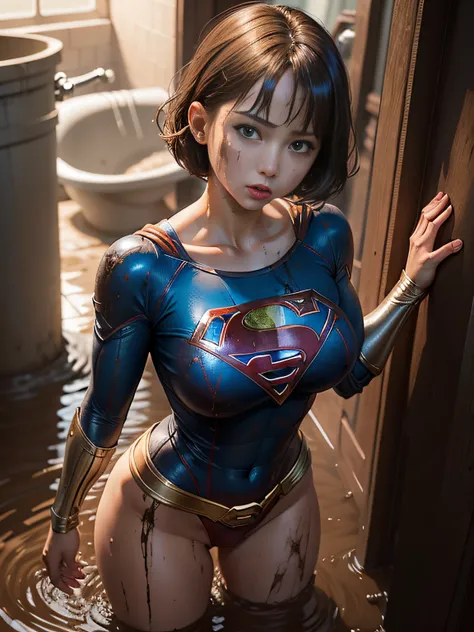 ​masterpiece、Short-haired Supergirl fell into the sewage、large full breasts、Looking at the camera、Glossy costume、Crotch、Mud stains、Covered in mud、wounded