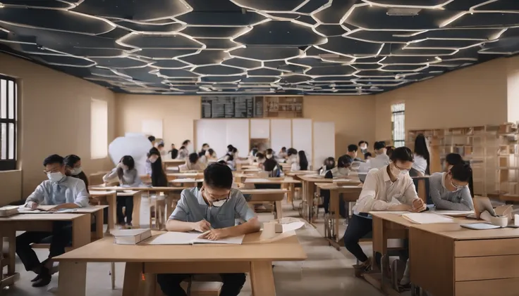 Chinese University，UAVs，A student pilots a drone，Female college student wearing virtual glasses，Drawing board，pigment，cameras，A boy sits at a desk sorting out his materials，group portraits，high detal，tmasterpiece，University life，