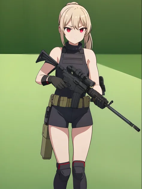 1girl, folded_ponytail, gloves, gun, blonde hair, red eyes, military, leotard, bare legs, rifle, m4 carbine, sky, solo, boots, weapon, looking at viewer, masterpiece, best quality,