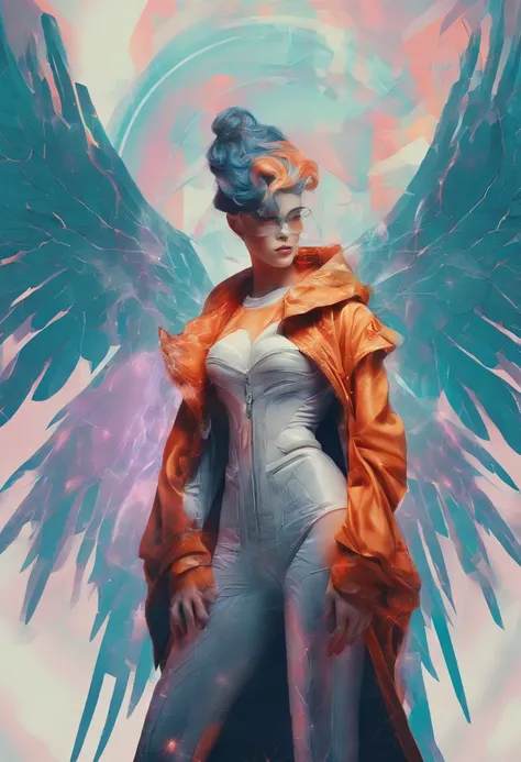 Create an ultra-wide photo of an angel wearing a cyberpunk-style coat and hood, against an abstract post-apocalyptic background. The overall style of the image should be minimalist with an Artgem touch. The angel should be rendered in a warrior and angelic...