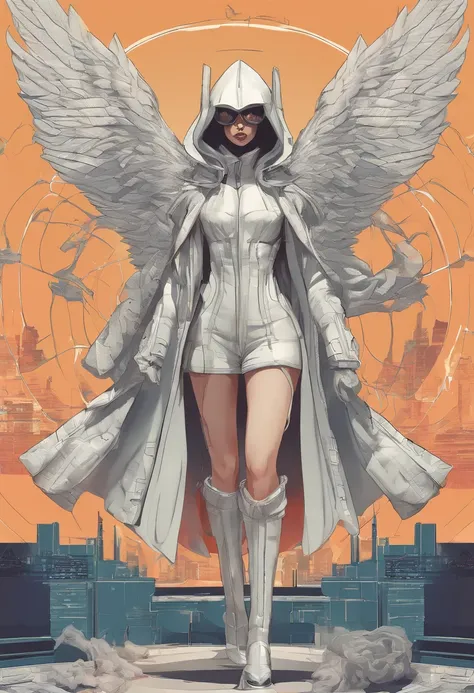 Create an ultra-wide photo of an angel wearing a cyberpunk-style coat and hood, against an abstract post-apocalyptic background. The overall style of the image should be minimalist with an Artgem touch. The angel should be rendered in a warrior and angelic...