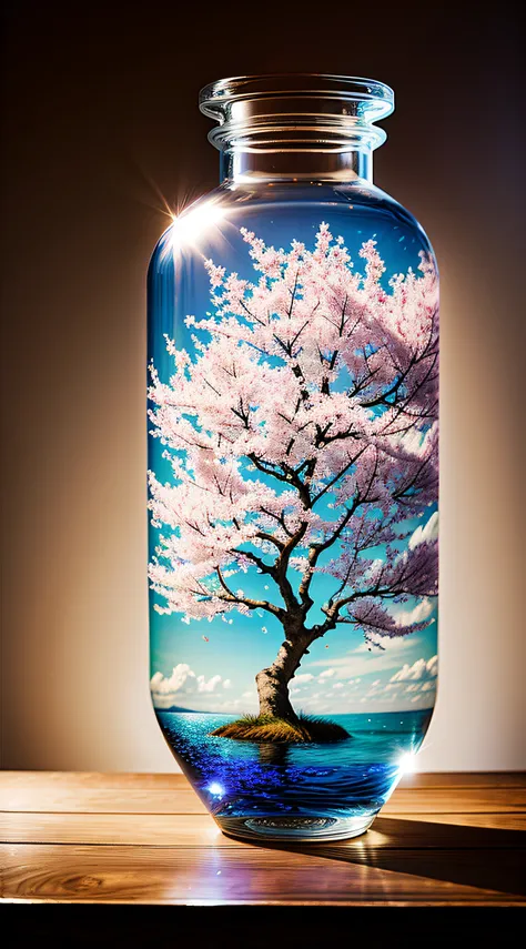 Cherry blossom tree in a bottle, Fluffy, Realistic, Atmospheric light refraction, author：Lee Jeffries Nikon D850 Film Stock Photo 4 Kodaport 400 Camera F1.6 Shots rich colors Ultra-realistic realistic textures Dramatic lighting Trends on Unreal Engine ArtS...