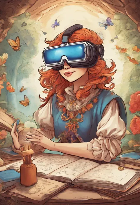 Cartoon character wearing VR glasses，In class，there are cameras，Pigment box，There are interior design drawings on the table，UAVs，Cartoon image，plethora of colors，Be positive