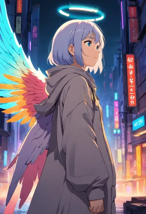 Create an ultra-wide photo of an angel wearing a cyberpunk-style coat and hood, against an abstract post-apocalyptic background. The overall style of the image should be minimalist with an Artgem touch. The angel should be rendered in a warrior and angelic...