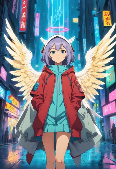 Create an ultra-wide photo of an angel wearing a cyberpunk-style coat and hood, against an abstract post-apocalyptic background. The overall style of the image should be minimalist with an Artgem touch. The angel should be rendered in a warrior and angelic...