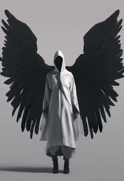 Create an ultra-wide photo of an angel wearing a cyberpunk-style coat and hood, against an abstract post-apocalyptic background. The overall style of the image should be minimalist with an Artgem touch. The angel should be rendered in a warrior and angelic...