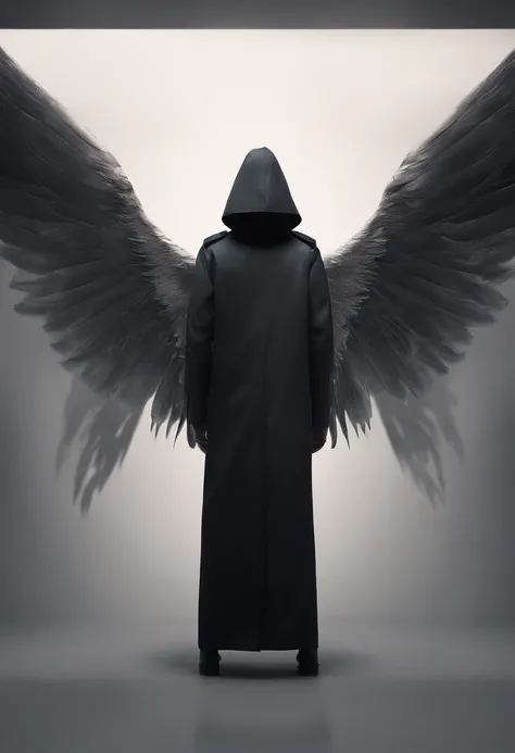 Create an ultra-wide photo of an angel wearing a cyberpunk-style coat and hood, against an abstract post-apocalyptic background. The overall style of the image should be minimalist with an Artgem touch. The angel should be rendered in a warrior and angelic...