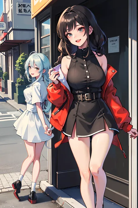 Best Quality, Masterpiece, Extremely Detailed, High Resolution, 4K, Ultra High Resolution, Detailed Shadows, Perfect Light and Shadow, Two Girls in Stylish Clothes Taking Selfies on the Street, Colorful Braids, Anime Role Play, Anime Style Mixed Fujifilm, ...