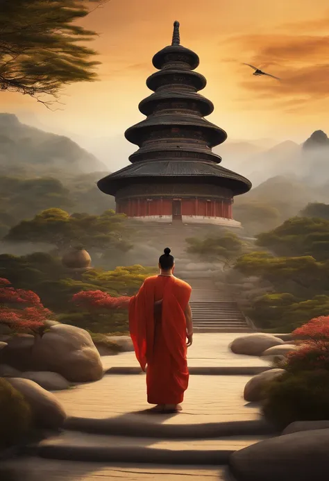 great masterpiece，Huge Buddha statue in the distance，There are steps leading to it, (Zen temple background:1.2), digital painting of a pagoda, inspired by Kaigetsudō Anchi, buddhist art, bodhisattva, Beautiful rendering of the Tang Dynasty, 3Drenderingof，8...